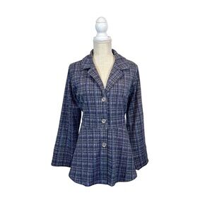 NWT Lulu-B Peplum Jacket Womens M Blue Gray Plaid Ruffle Button Front Collared